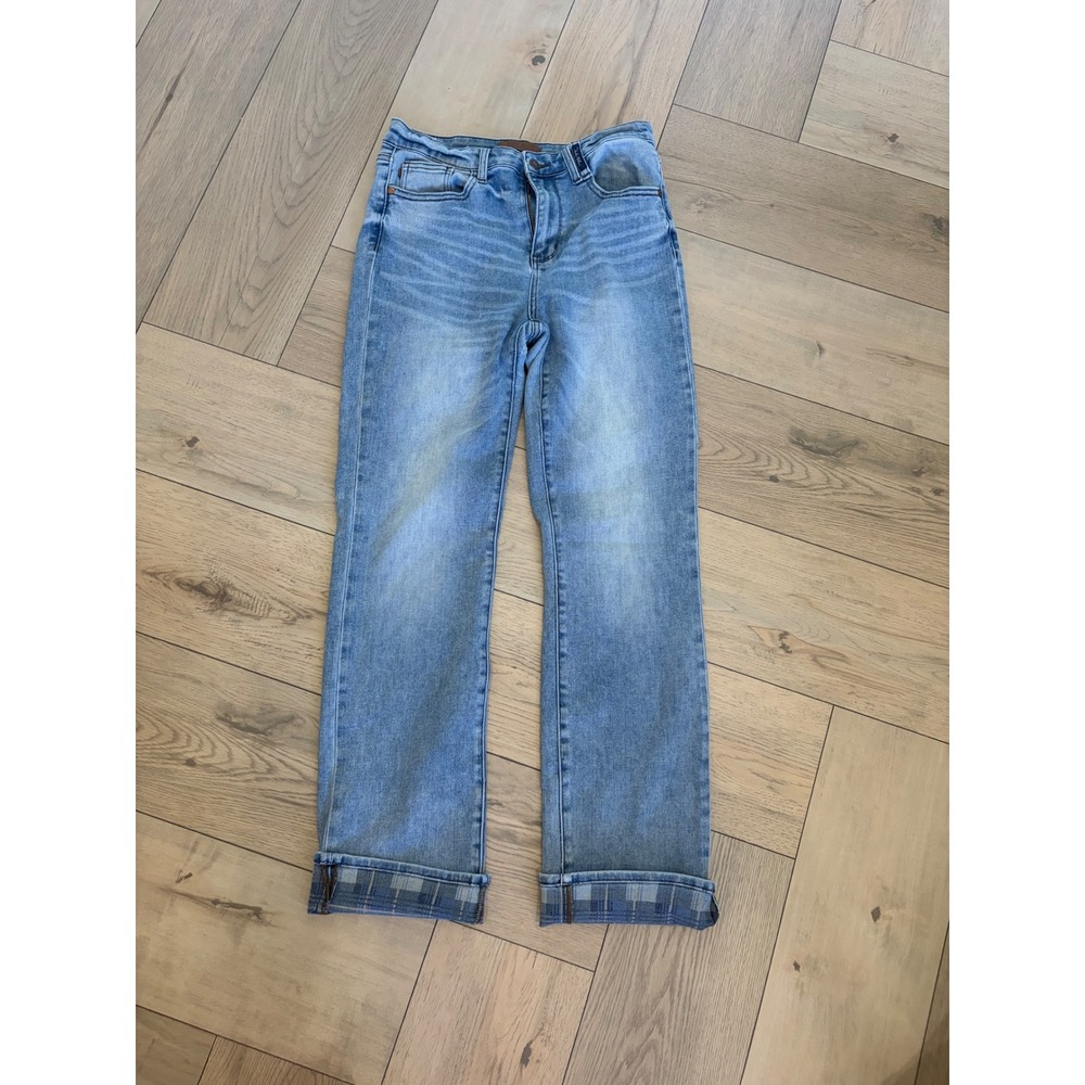 Judy Blue Straight Leg Light Wash Plaid Cuffed Jeans Size 11/30 JB88747 MD